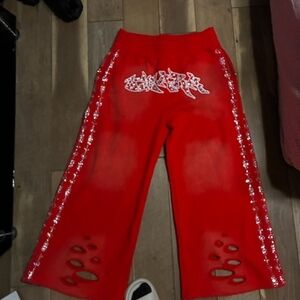 Red Sweatpants with White Side Stripes and Embroidery
